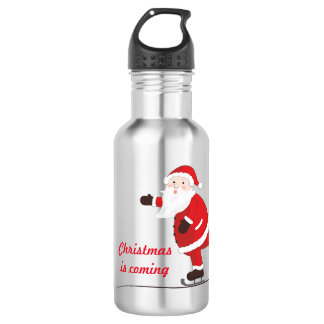 Bouteille D'eau Père Noël arrivant sur des patins de glace