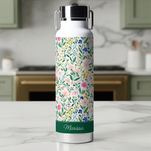 Bouteille D'eau Personalized Colorful Floral Monogram Water Bottle (colorful floral garden wildflower water bottle with forest green custom monogram in elegant script)