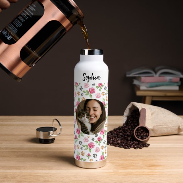 Bouteille D'eau Personalized Floral Cat Mom Water Bottle (Café (pivoté))