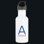 Bouteille D'eau Personnalisé moderne Rouge Blanc Bleu Nom initial<br><div class="desc">Rouge, Blanc et Bleu Nom personnalisé et lettre initiale Bouteille d'eau en acier inoxydable avec un Monogramme personnalisé dans une police sans serif moderne et minimaliste tendance, moderne et classique pour un look simple mais sophistiqué et masculin. Montrés en rouge et bleu sur une bouteille d'eau métallique blanche, les couleurs...</div>