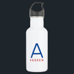 Bouteille D'eau Personnalisé moderne Rouge Blanc Bleu Nom initial<br><div class="desc">Rouge, Blanc et Bleu Nom personnalisé et lettre initiale Bouteille d'eau en acier inoxydable avec un Monogramme personnalisé dans une police sans serif moderne et minimaliste tendance, moderne et classique pour un look simple mais sophistiqué et masculin. Montrés en rouge et bleu sur une bouteille d'eau métallique blanche, les couleurs...</div>