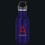 Bouteille D'eau Personnalisé Moderne Simple Rouge Blanc Bleu Monog<br><div class="desc">Rouge, Blanc et Bleu Nom personnalisé et lettre initiale Bouteille d'eau en acier inoxydable avec un Monogramme personnalisé dans une police sans serif moderne et minimaliste tendance, moderne et classique pour un look simple mais sophistiqué et masculin. Montré en rouge et blanc sur une bouteille d'eau métallique bleue, les couleurs...</div>