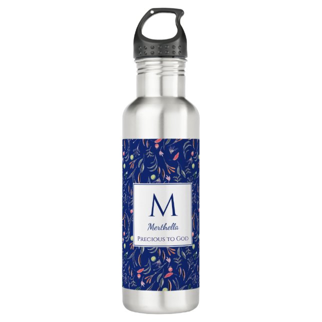 Bouteille D'eau Personnalisé | ROYAL BLUE | Floral | Monogramme (Devant)