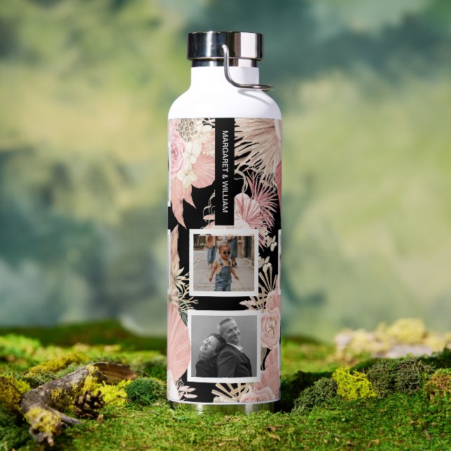 Bouteille D'eau Personnalisé Six Photo Boho Floral Design (Café)