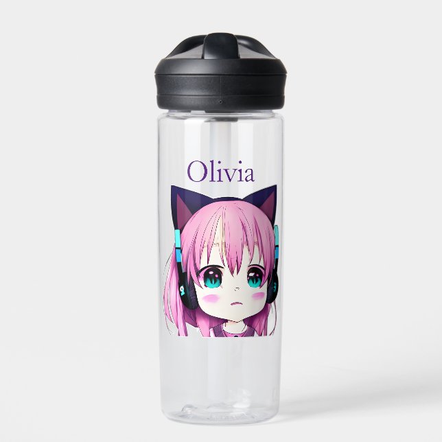 Bouteille D'eau Personnalisée Kawaii Girl avec casque sur (Extérieur)