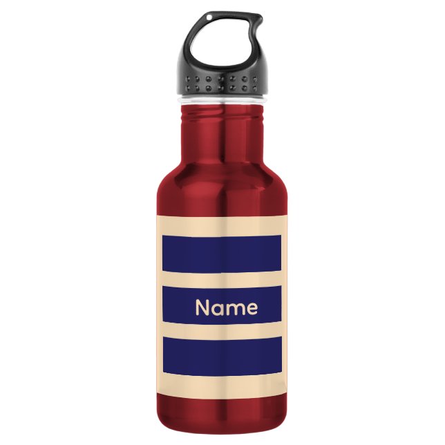 Bouteille D'eau Personnaliser Bleu foncé + rayures crème  (Devant)