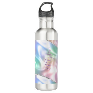 Bouteille D'eau Personnaliser Nom Purple Script Vertical Iridescen