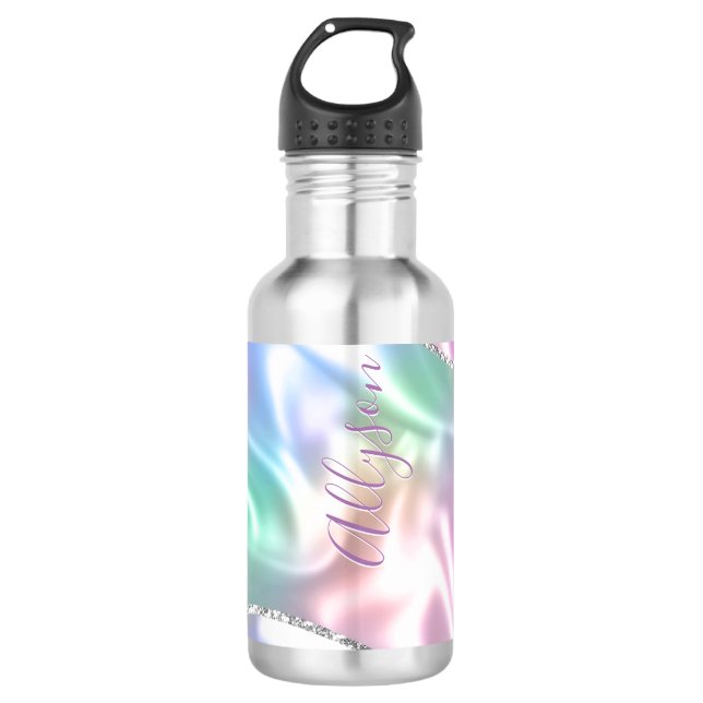 Bouteille D'eau Personnaliser Nom Purple Script Vertical Iridescen (Devant)