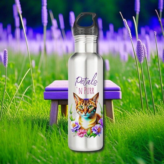 Bouteille D'eau Pétales et Purr Cute Chat et jolies Fleurs (Créateur téléchargé)
