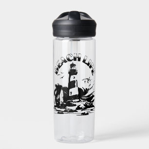 Bouteille D'eau Phare de la vie de plage en noir et blanc