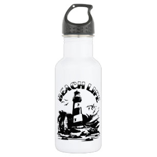 Bouteille D'eau Phare de la vie de plage noir et blanc