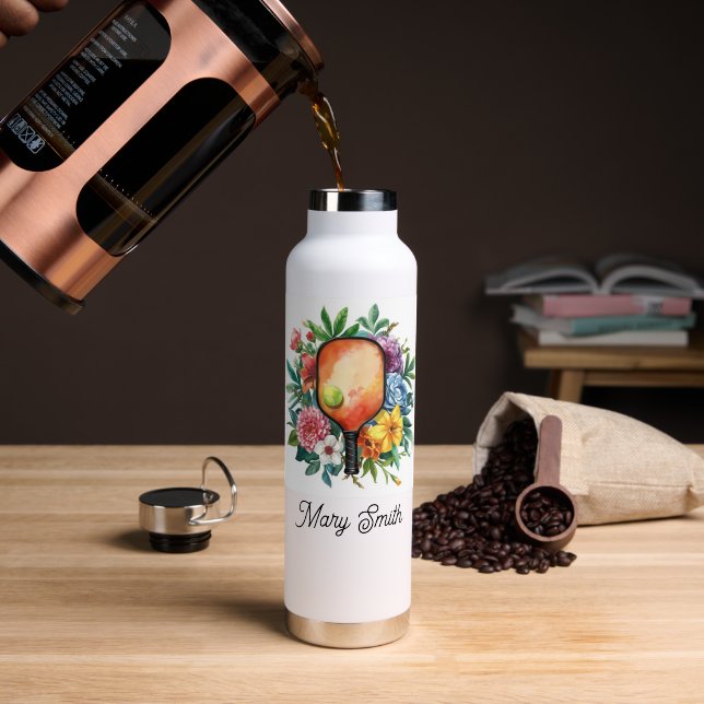 Bouteille D'eau Pickleball avec de belles fleurs (Café (pivoté))