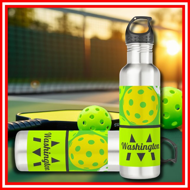 Bouteille D'eau Pickleball Vert Monogrammé Moderne et Cool (Green Pickleball Cool Modern Monogrammed Stainless Steel Water Bottle)