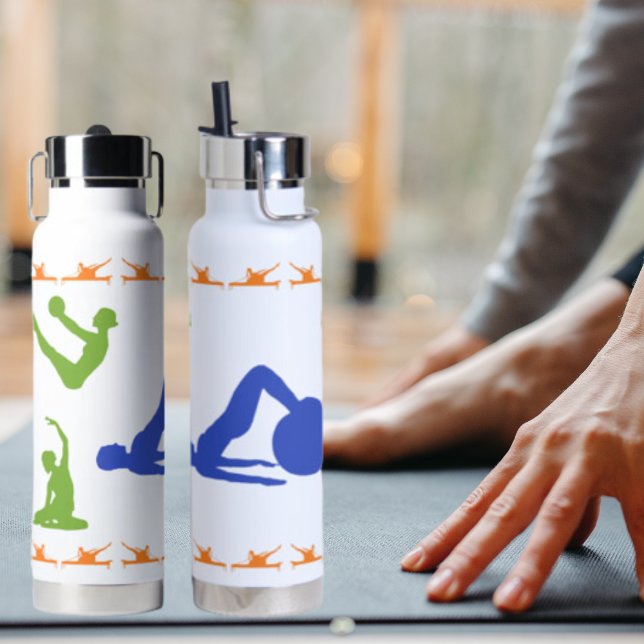 Bouteille D'eau Pilates femmes Silhouettes-Bleu, Vert, & Orange (Créateur téléchargé)