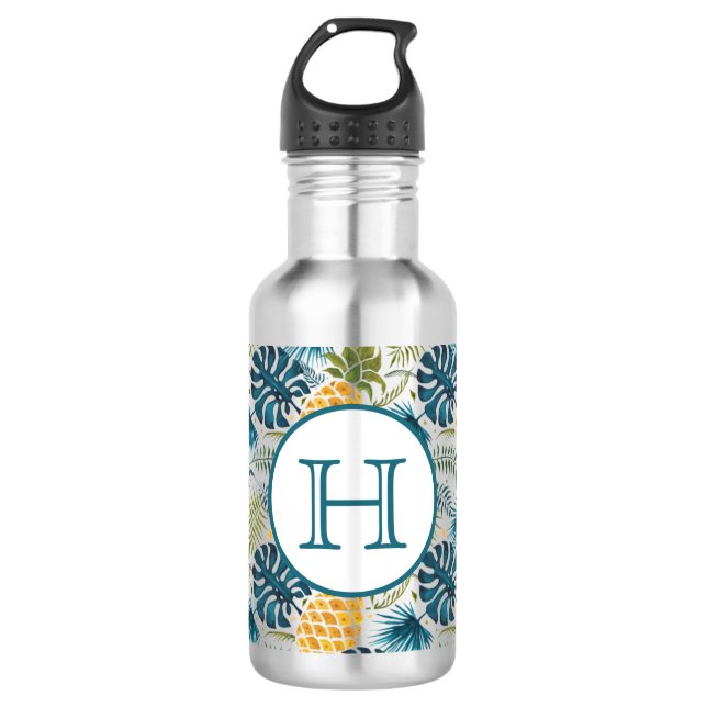 Bouteille D'eau Pineapples palmier feuille feuillage monogramme (Devant)