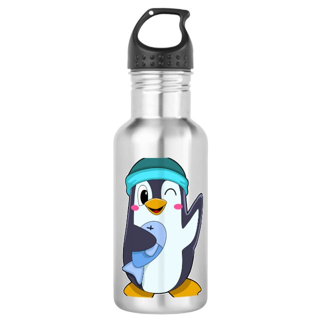 Bouteille D'eau Pingouin avec poisson et Casquette (Devant)