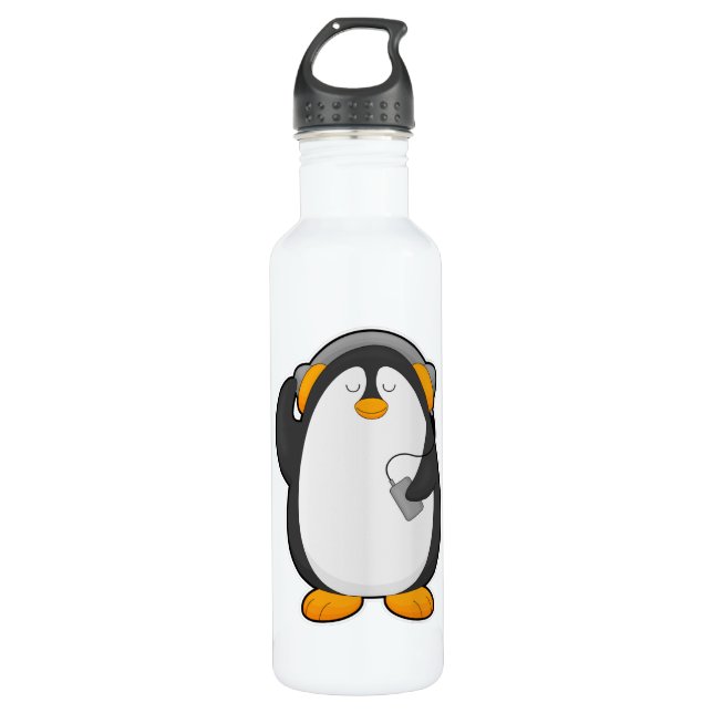 Bouteille D'eau Pingouin et téléphone mobile avec casque (Devant)