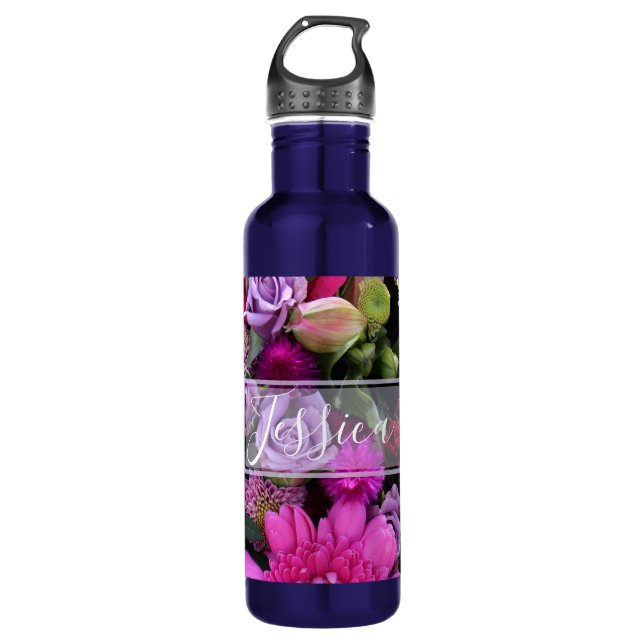 Bouteille D'eau Pink and Violet Flowers Personalised (Devant)
