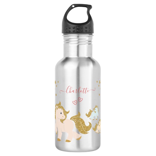 Bouteille D'eau Pink Glitter Ponies with First Name Little Girl (Devant)