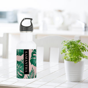Bouteille D'eau Pink & Green Palm Feuille Motif & nom