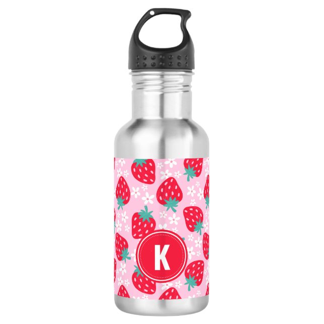 Bouteille D'eau Pink Red Strawberries Floral  Pattern Monogram (Devant)