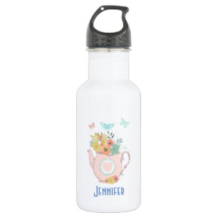 Bouteille D'eau Pink Teapot with Flowers & Butterflies