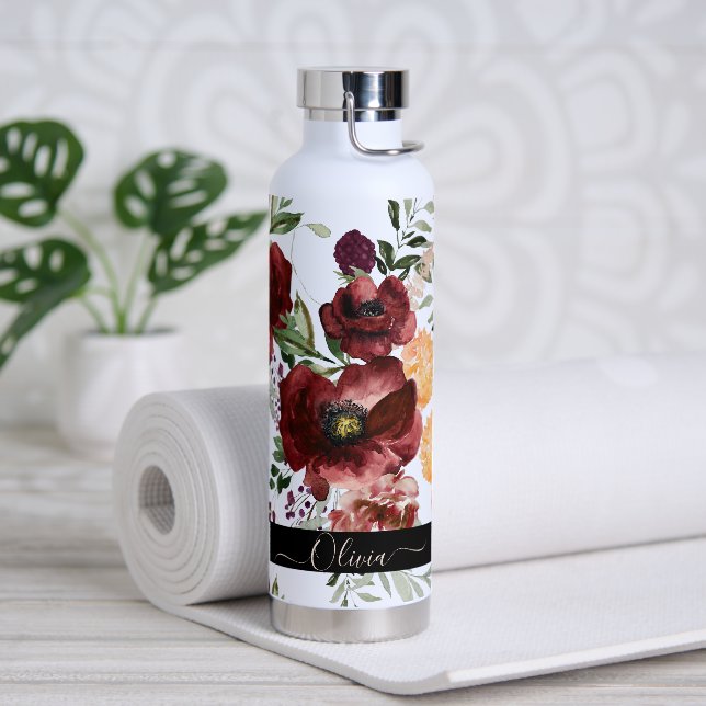 Bouteille D'eau PixDezines Fleurs Aquarelles Marsala Roses Rouges (Yoga)