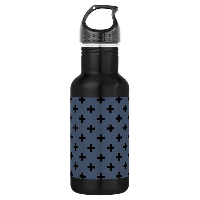 Bouteille D'eau Polka noire croise sur bleu-gris (Devant)
