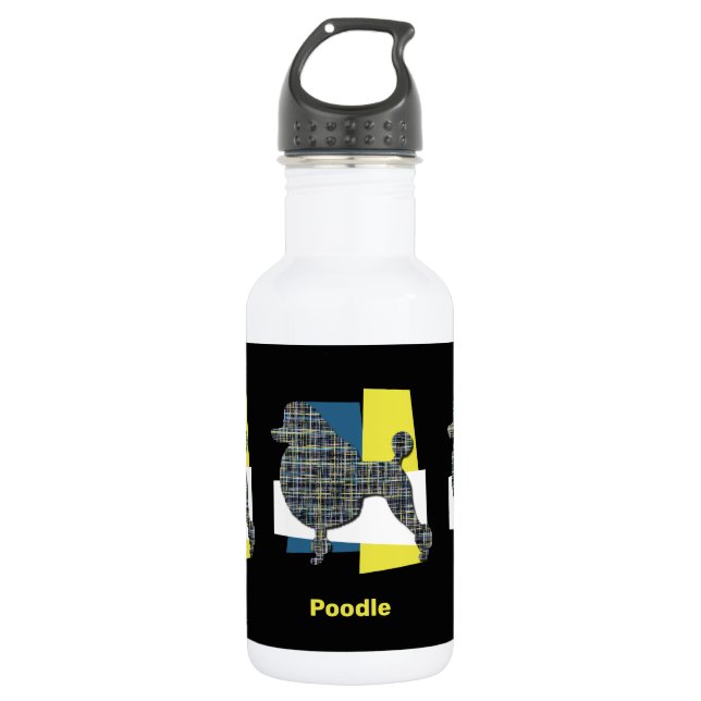 Bouteille D'eau Poodle Chien Silhouette Jaune & Grille Bleue (Devant)