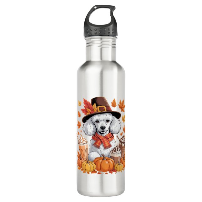 Bouteille D'eau Poodle Thanksgiving Boissons Café Automne Feuilles (Devant)