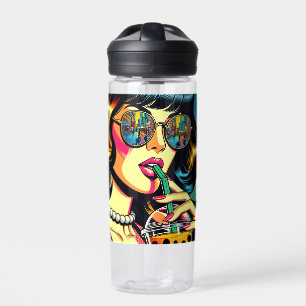 Bouteille D'eau Pop Art Bande Dessinée Belle Femme Buvant Boba