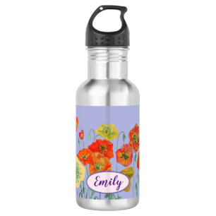 Bouteille D'eau Poppies orange Fleurs florales Pastel violet Lilac