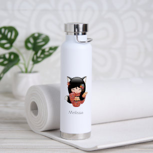 Bouteille D'eau Poupée Kitsune Kokeshi - Black Fox Geisha Girl
