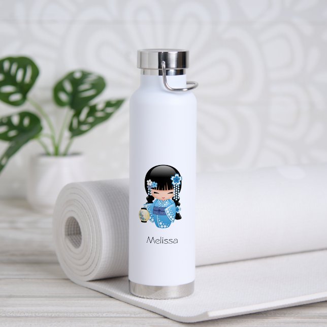Bouteille D'eau Poupée Kokeshi d'hiver - Blue Kimono Geisha Girl (Yoga (pivoté))