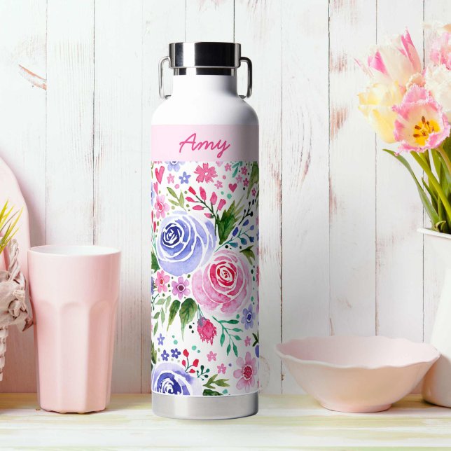 Bouteille D'eau Pour son aquarelle rose Nom du motif floral (For Her Pink Watercolor Floral Pattern Name Water Bottle)