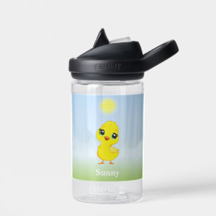 Bouteille D'eau Poussin jaune mignon et fleurs sur de l'eau bleu c