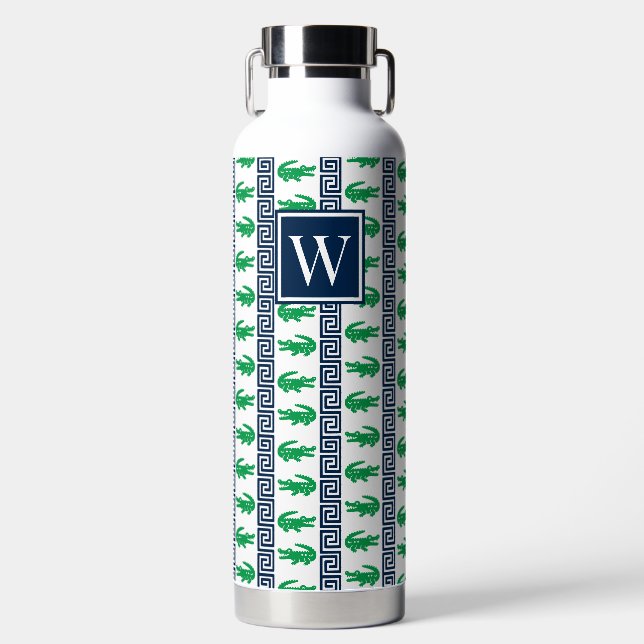 Bouteille D'eau Preppy Alligator Greek Key Stripe – Green & Navy   (Avant)