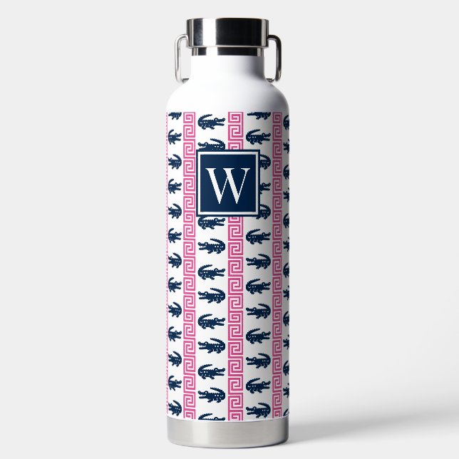 Bouteille D'eau Preppy Alligator Greek Key Stripe – Pink & Navy   (Avant)