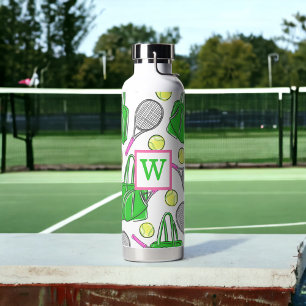 Bouteille D'eau Préppy Green Pink Tennis Racquet Balls Initiale
