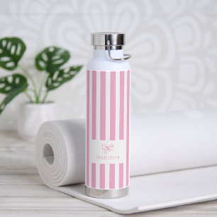 Bouteille D'eau Preppy Pink Stripes & Bow Nom personnalisé
