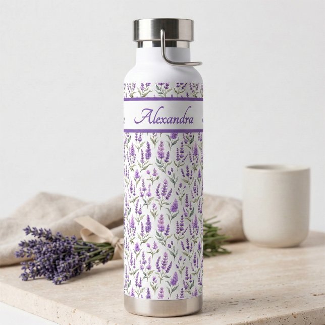 Bouteille D'eau Purple Wildflower Watercolor Monogram Name (Créateur téléchargé)