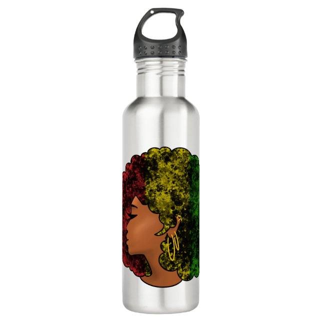 Bouteille D'eau Rasta femme noire afro rouge jaune vert (Devant)