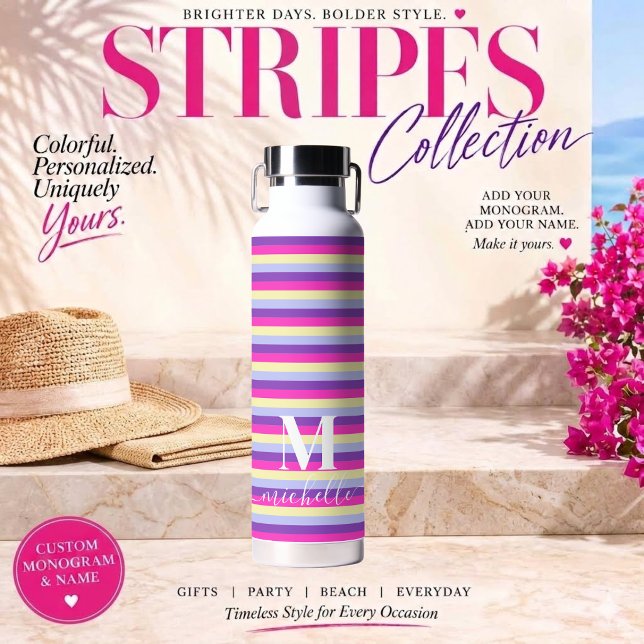 Bouteille D'eau Rayures Colorées avec Monogramme Script (Colorful Stripes Collection -Monogram and Script-Purple Pink Yellow and Blue)