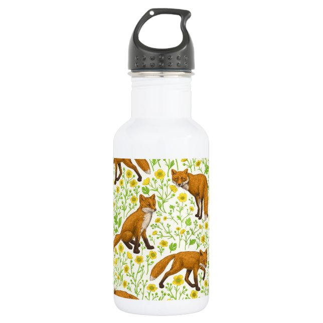 Bouteille D'eau Renards et papillons sur le blanc naturel (Devant)