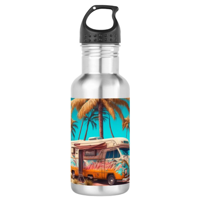 Bouteille D'eau Rétro camping-car et palmiers (Devant)