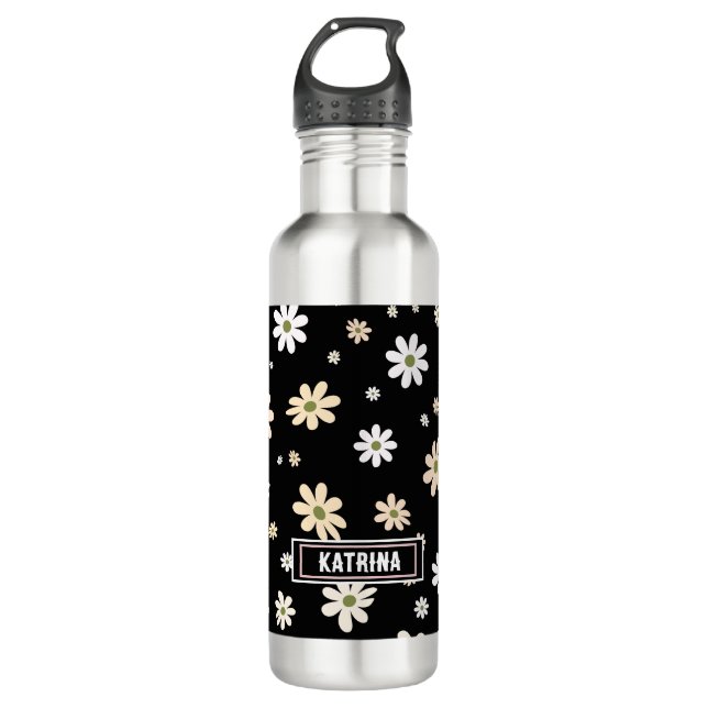 Bouteille D'eau Retro Daisy Floral Pattern Boho Personnalisé Noir (Devant)