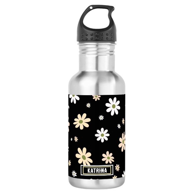 Bouteille D'eau Retro Daisy Floral Pattern Boho Personnalisé Noir (Devant)