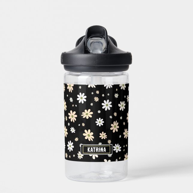 Bouteille D'eau Retro Daisy Floral Pattern Boho Personnalisé Noir (Avant)