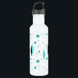Bouteille d'eau Retro Turquoise Diamants & Starbur<br><div class="desc">Cette bouteille d'eau Retro Turquoise Diamonds et Starbursts est une nouvelle façon de prendre un style vintage. Il présente des étoiles kitsch, noires sur des pois turquoise, aux formes géométriques, turquoise et diamant noir. Customisez la couleur arrière - plan sur ce produit moderne du milieu du siècle si vous êtes...</div>