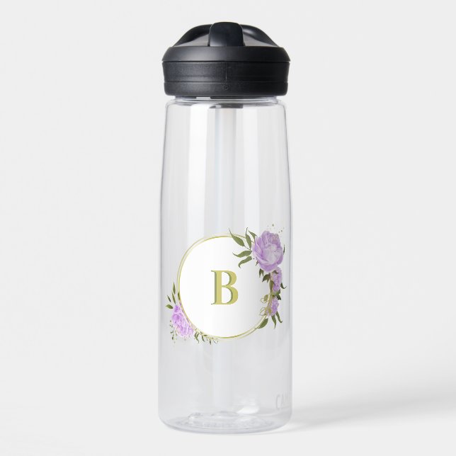 Bouteille D'eau romantique lilas violet fleurs verdure mariage (Avant)